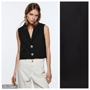 NWT. Zara Black Cropped Waistcoat with Rhinestone Buttons. Size M.